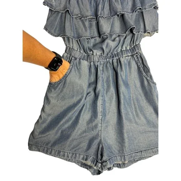 Blue Rain Chambray Romper Size Small Tencel Fabric Sleeveless Ruffles - Picture 3 of 7